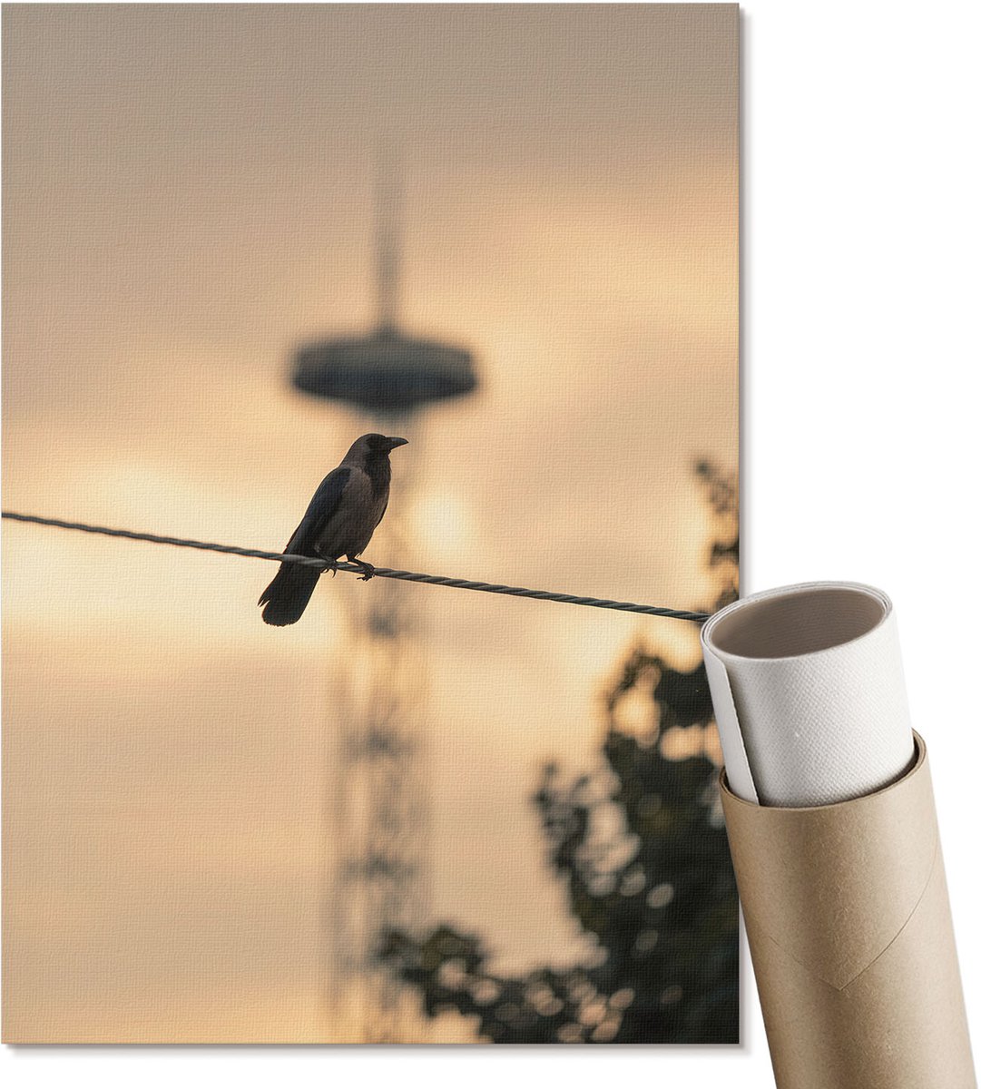 Coloray Canvas Poster Polycanvas - Vogel Op Een Kabel, Fotografie - A4 - Geel Poster - Rechthoek - Wandkunst - Woonkamer, Slaapkamer, Kantoor - Modern