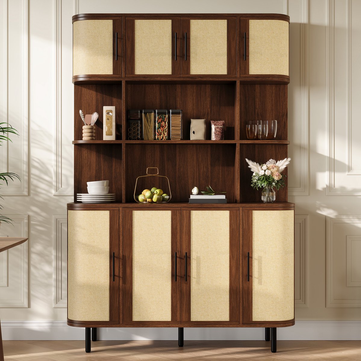 MODENUIT Dressoir - Rotanfront Met 8 Deuren - Voor Woonkamer En Hal - MDF - Walnut - 120x20x180 Cm