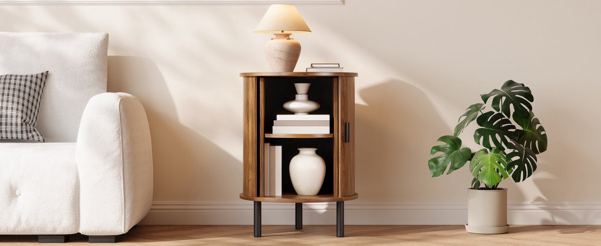 MODENUIT Bijzetkast - Ronde Schuifdeur Met Rillen - Voor Bank En Bed - MDF En Spaanplaat - Walnut - 48x48x65 Cm