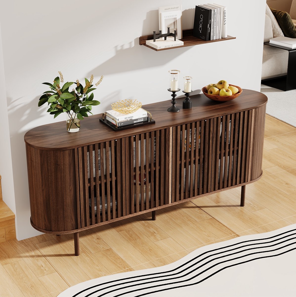 MODENUIT Dressoir - Schuifdeuren Met Perforatie - Voor Woonkamer, Eetkamer En Hal - MDF En Metaal - 160x40x70 Cm - Walnoot