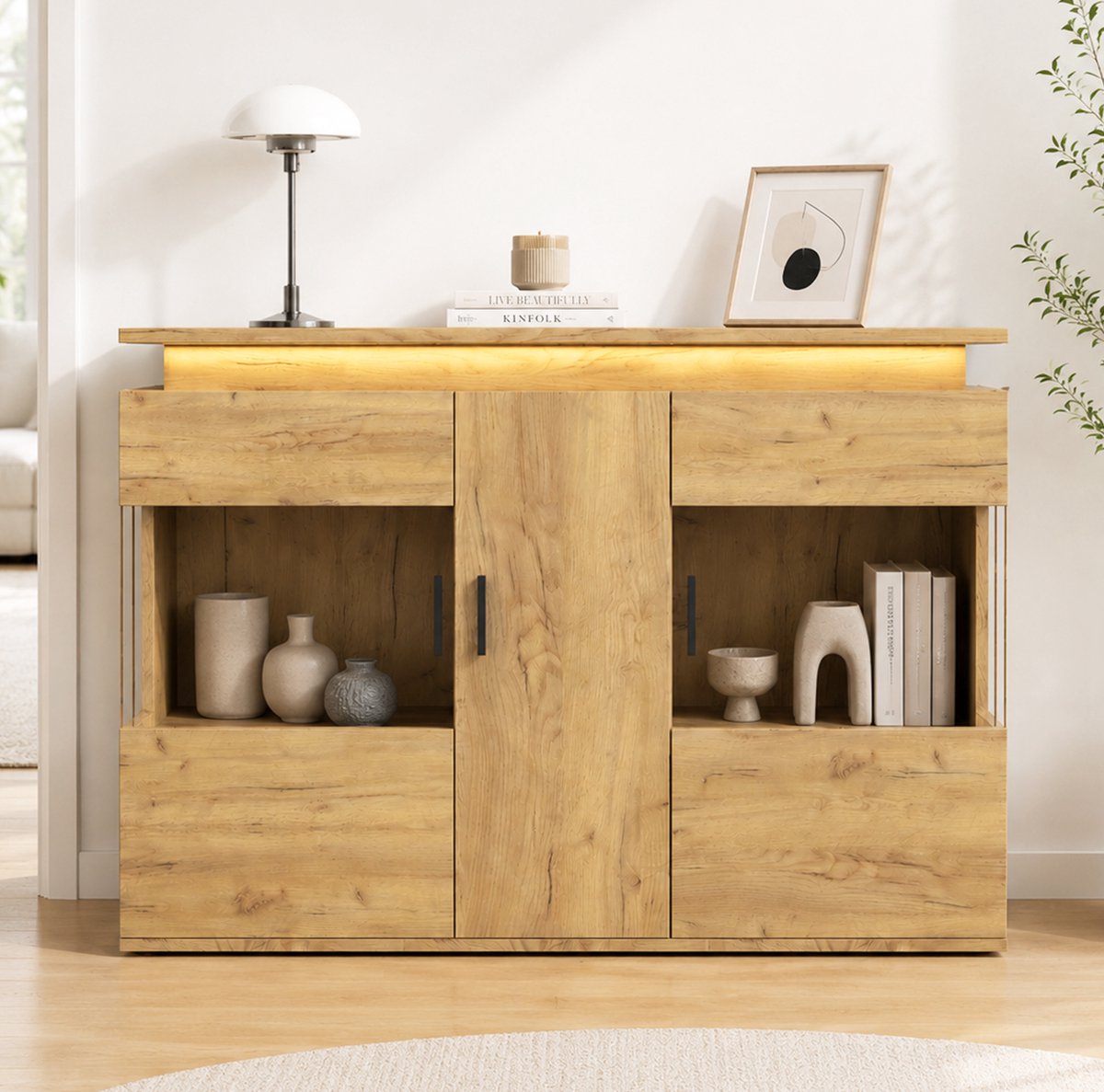 MODENUIT Dressoir - LED Verlichting En USB-C - Woonkamer En Keuken - Licht Eiken Met Glas - 120 Cm