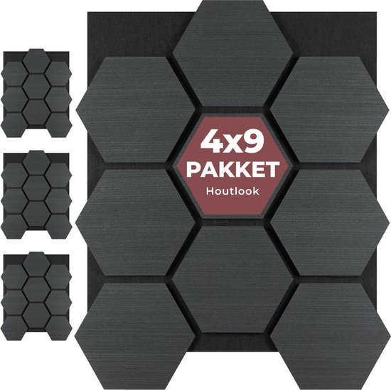 Zwart akoestisch hexagon paneel met de tekst '4x9 PAKKET Houtlook' in het midden. Drie sets van kleine hexagon panelen aan de linkerkant.