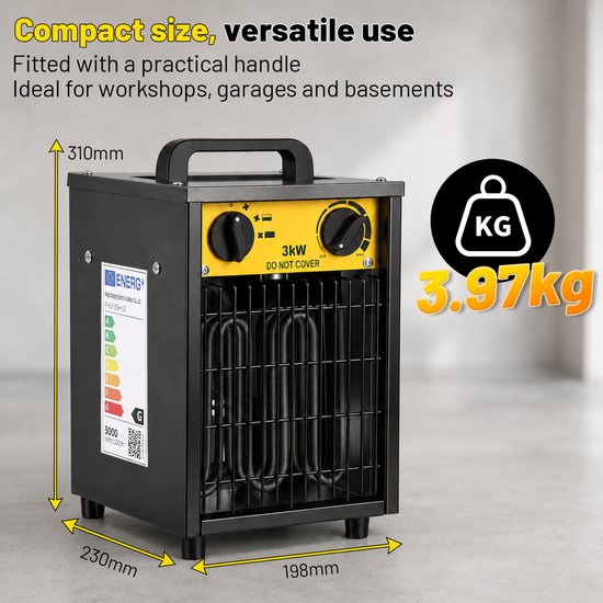 Zwarte en gele 3kW verwarming met afmetingen en gewicht, op witte achtergrond.