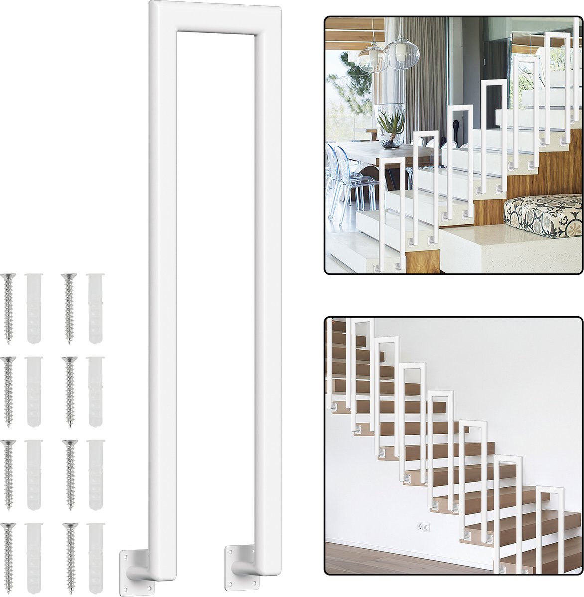 U-vormige trapleuning 100 cm wit – ijzeren handgreep met ovale buis, zijmontage, binnen en buiten, incl. bevestigingsset