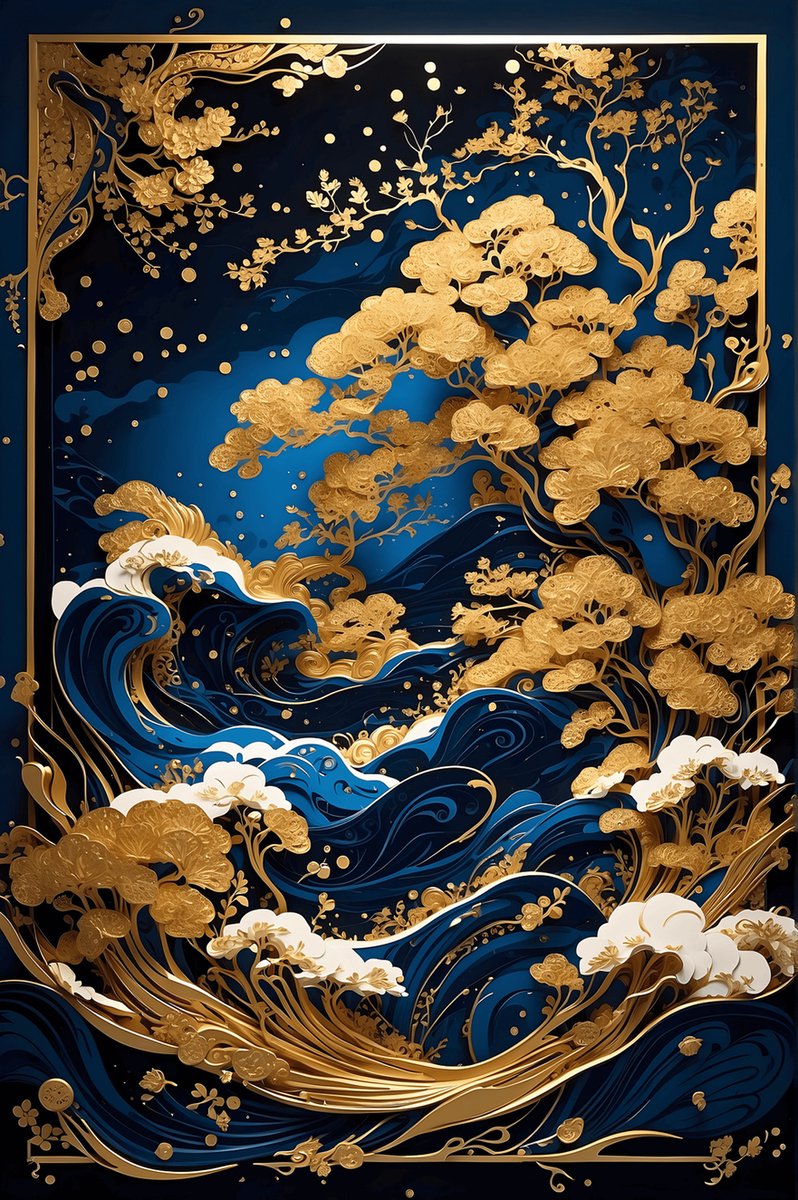 Poster Oriental - Zee met Golven - Interieur - Oosterse Stijlie ie Kunst - posters - formaat 70x100cm - Wanddecoratie - L1056MT