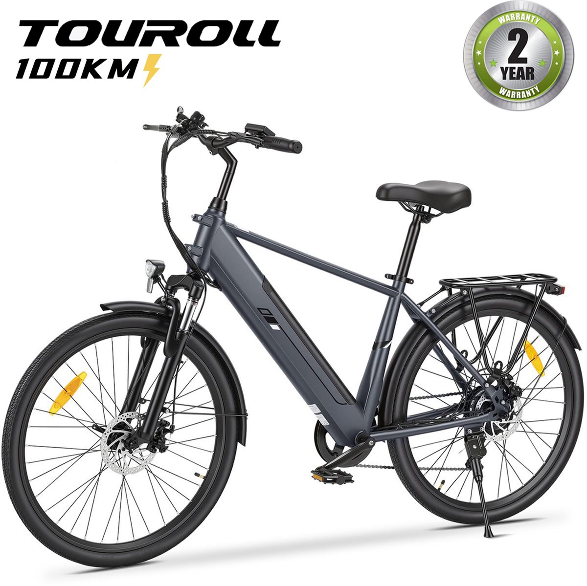 Touroll J2 hoog instap elektrische fiets 26 inch-250W achterwielmotor 45Nm-Shimano 7 versnellingen-561,6Wh losneembare accu tot 100km actieradius-60mm voorvering-dubbele schijfremmen met e-rem max 120kg-Grijs