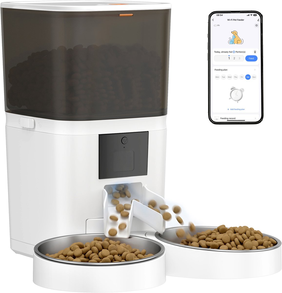 TEKROA® Automatische voederautomaat van 6 liter met wifi 2.4G-functionaliteit en app-bediening, 2 kommen, programmeerbaar van 1 tot 10 maaltijden, spraakopnamefunctie van 10 seconden
