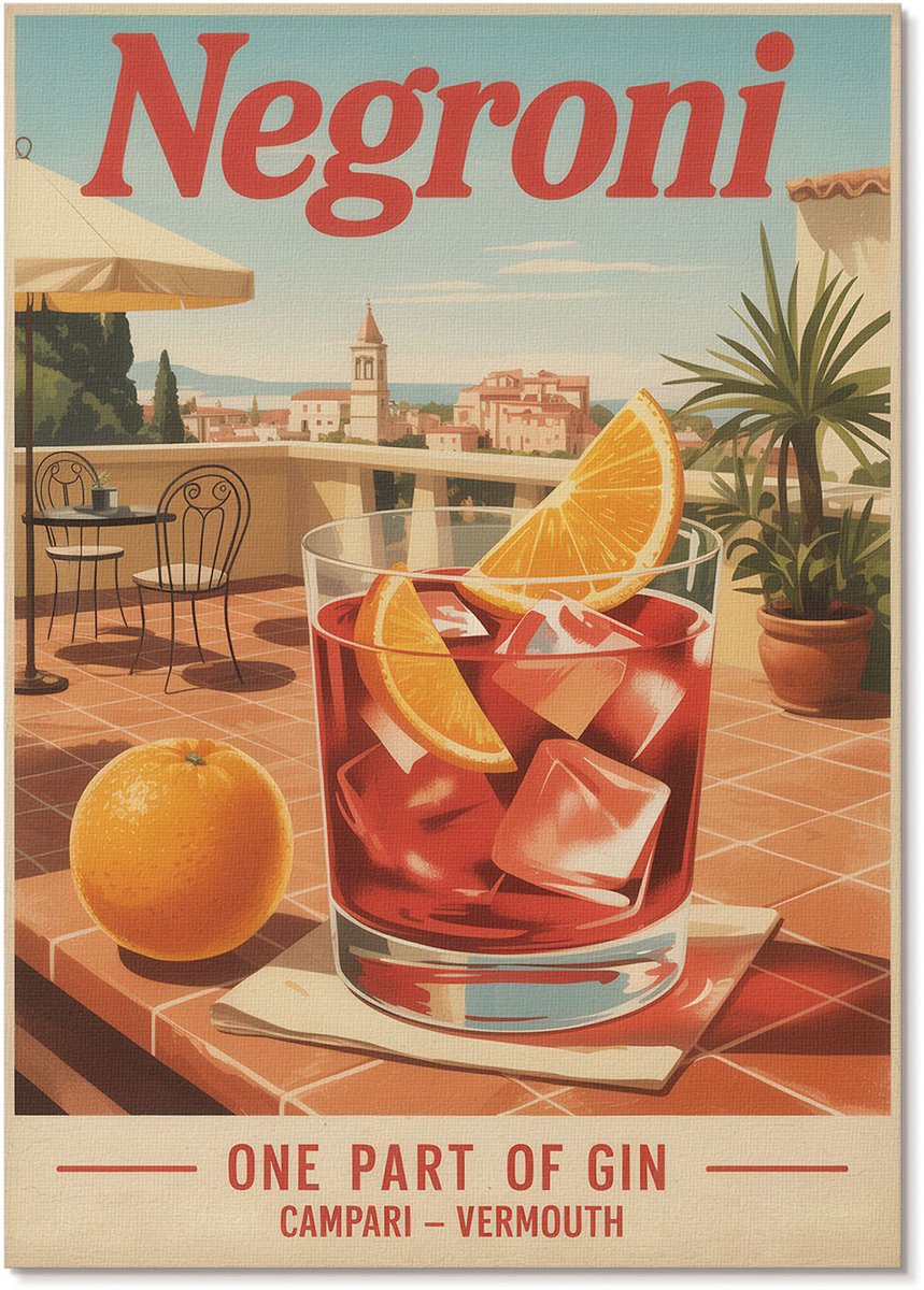 Tulup Polycanvas Wandposter - Negroni-Drankje, Schilderen - A4 - Oranje Decoratie - Rechthoek - Wandkunstwerk - Woonkamer, Slaapkamer, Kantoor - Retro