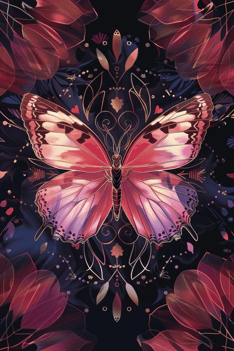 Vlinder Poster - Rode - Dieren - Moderne - Mystieke - Artistieke - Levendige - posters - formaat 70x100cm - Wanddecoratie - L2875CW