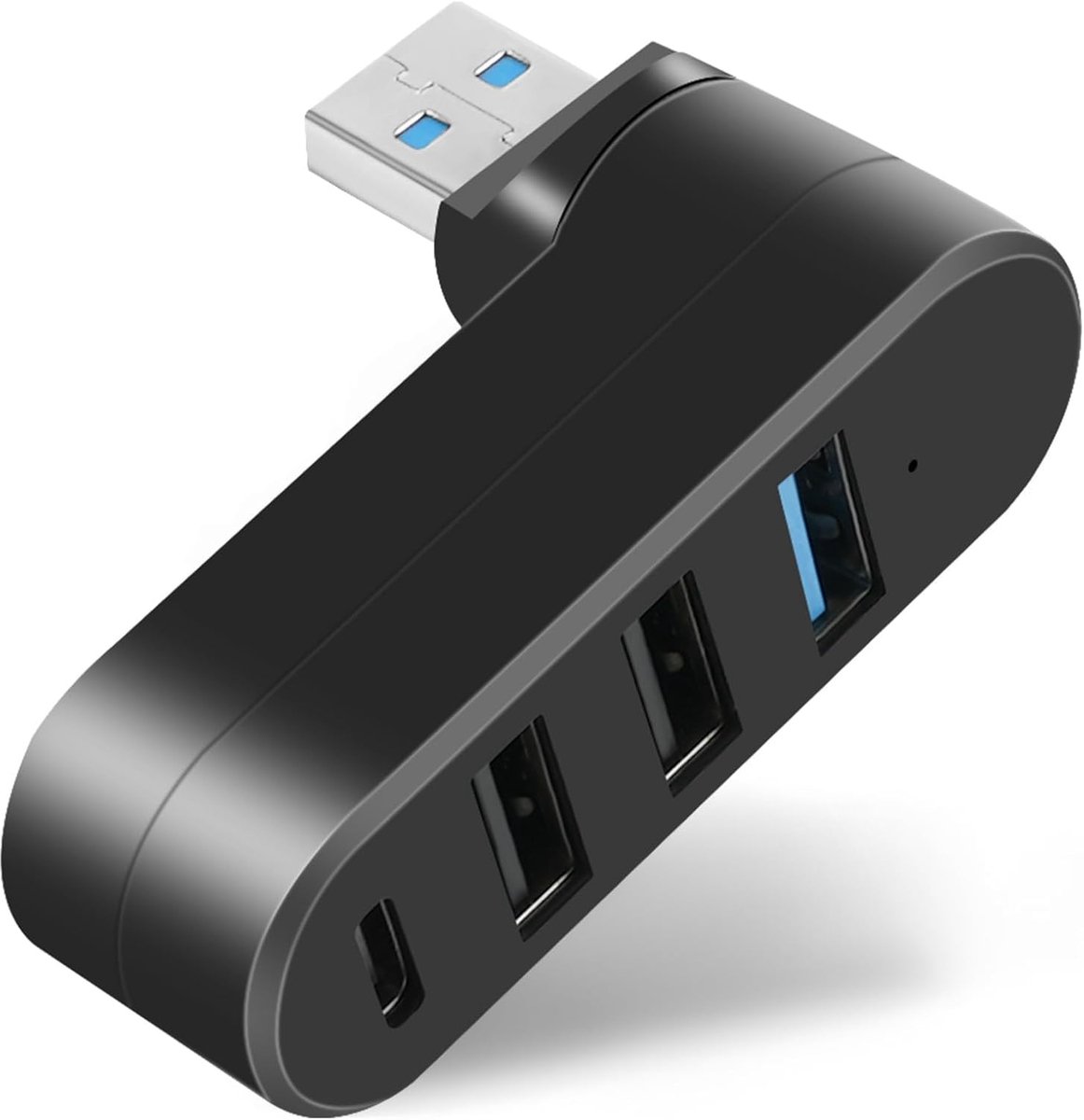 Mini-USB-hub-adapter (4-poorts, USB 3.0 + 2.0 + Type-C) - Draaibare 90°/180° high-speed USB-uitbreidingshub voor laptop, USB-flashdrives, MacBook (zwart)