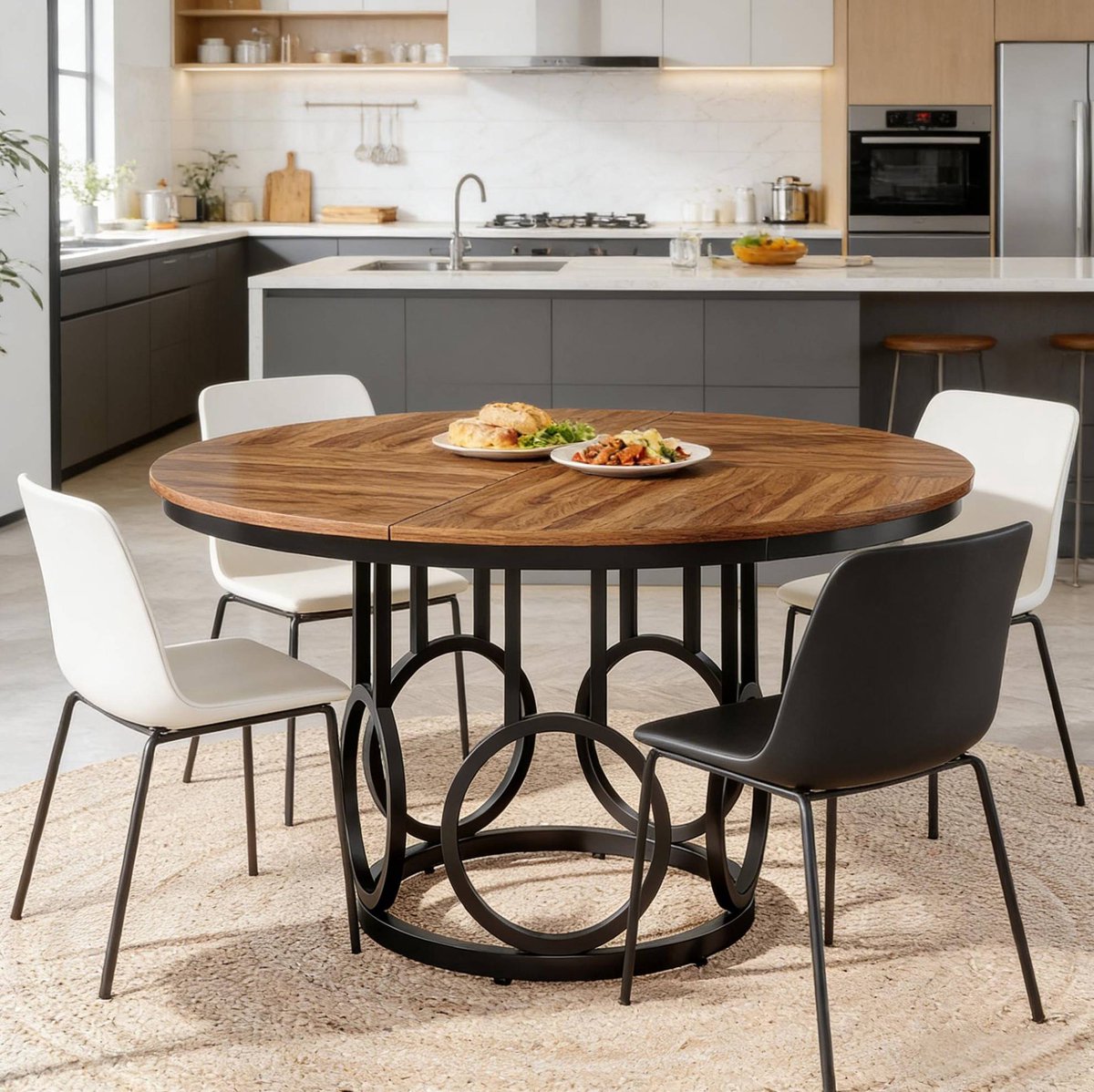 MODENUIT Eettafel - Ronde Tafel Met Zwart Metalen Onderstel - MDF - 120x120x75 Cm - Zwart Bruin