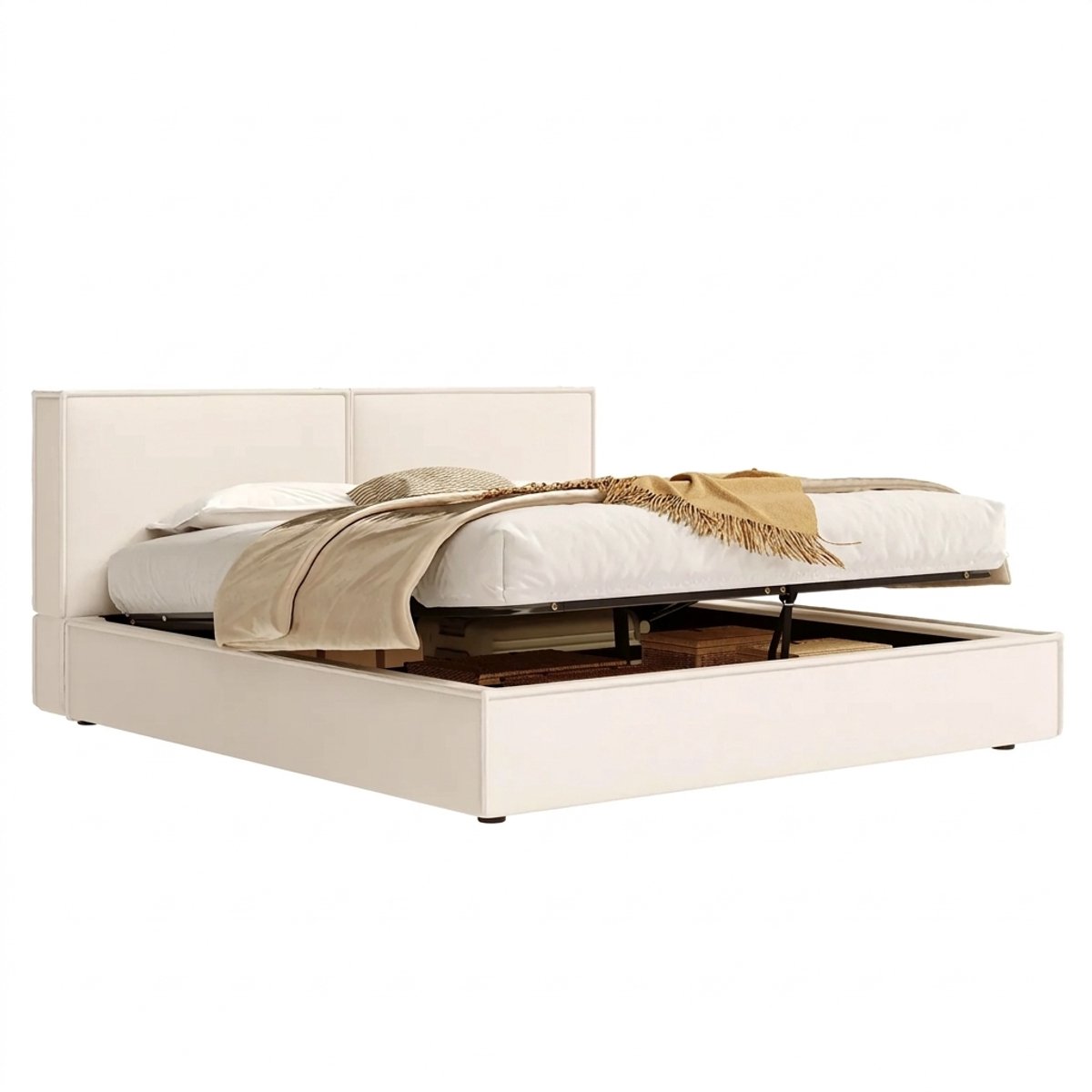 Gestoffeerd bed 180x200 - Tweepersoonsbed met opbergruimte - Hydraulisch systeem - Dik hoofdbord - 220kg - Slaapkamer - Beige