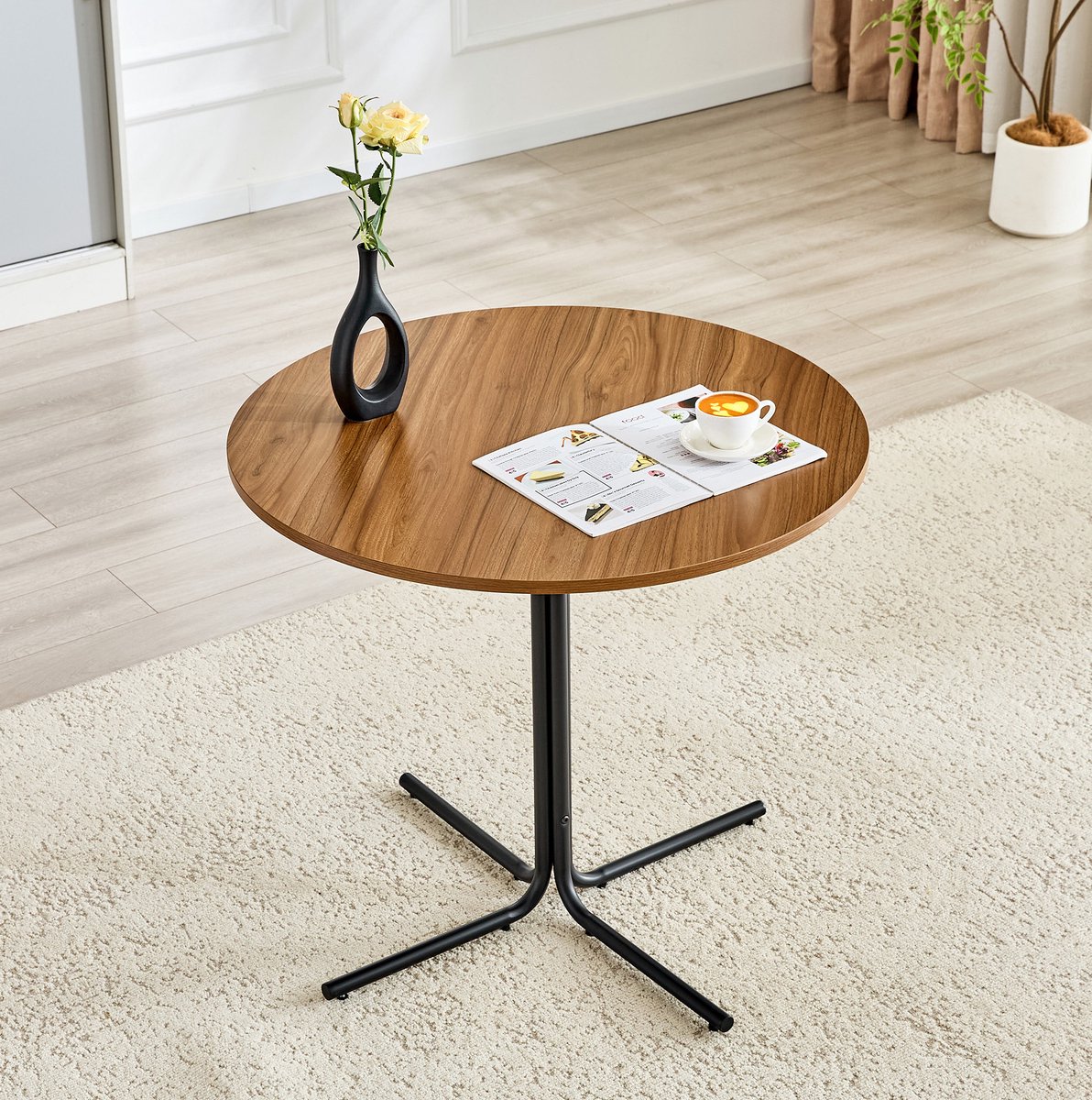 MODENUIT Bijzettafel - Ronde Walnootlook - Voor Woonkamer En Slaapkamer - MDF En Metaal - 85 X 85 X 76 Cm - Zwart