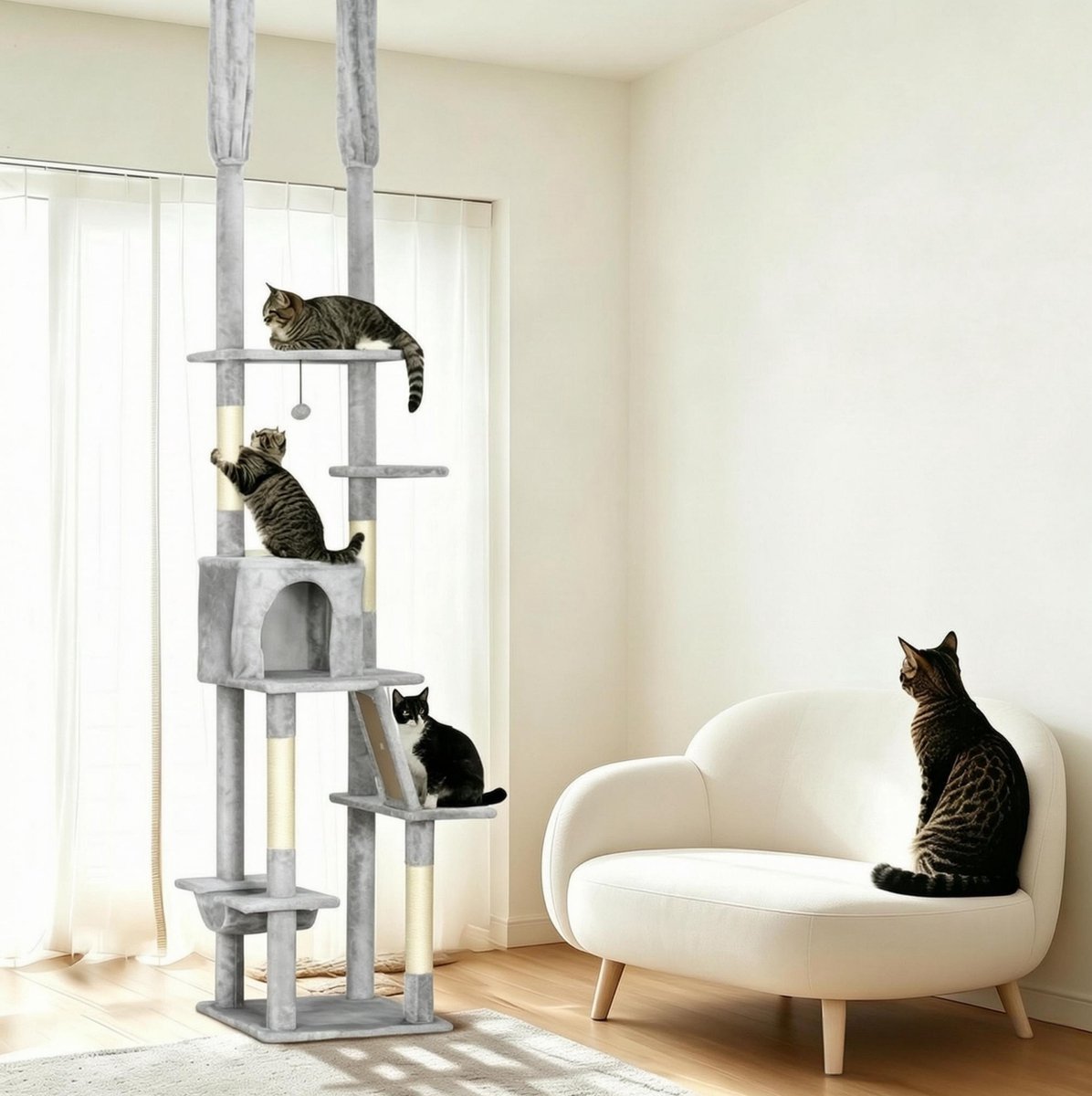MIVRAY Krabpaal – Hoogteverstelbaar Tot 255 cm – 6 Niveaus Met Huisje En Hangmat – Hout, Pluche En Sisal – Lichtgrijs – Voor Kleine Ruimtes