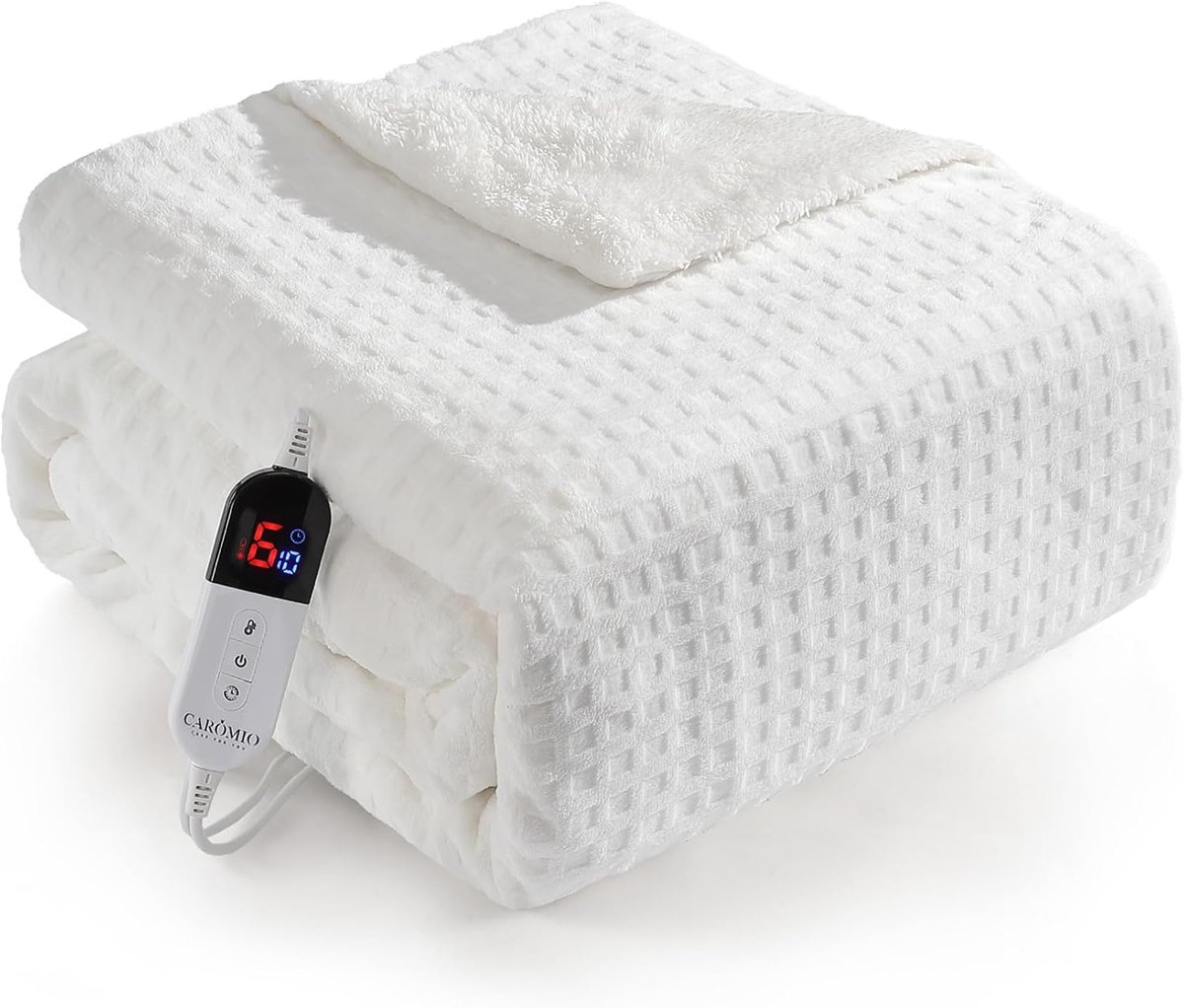 Elektrische deken met LCD-display, crèmewitte flanel wafel deken 180 x 130 cm