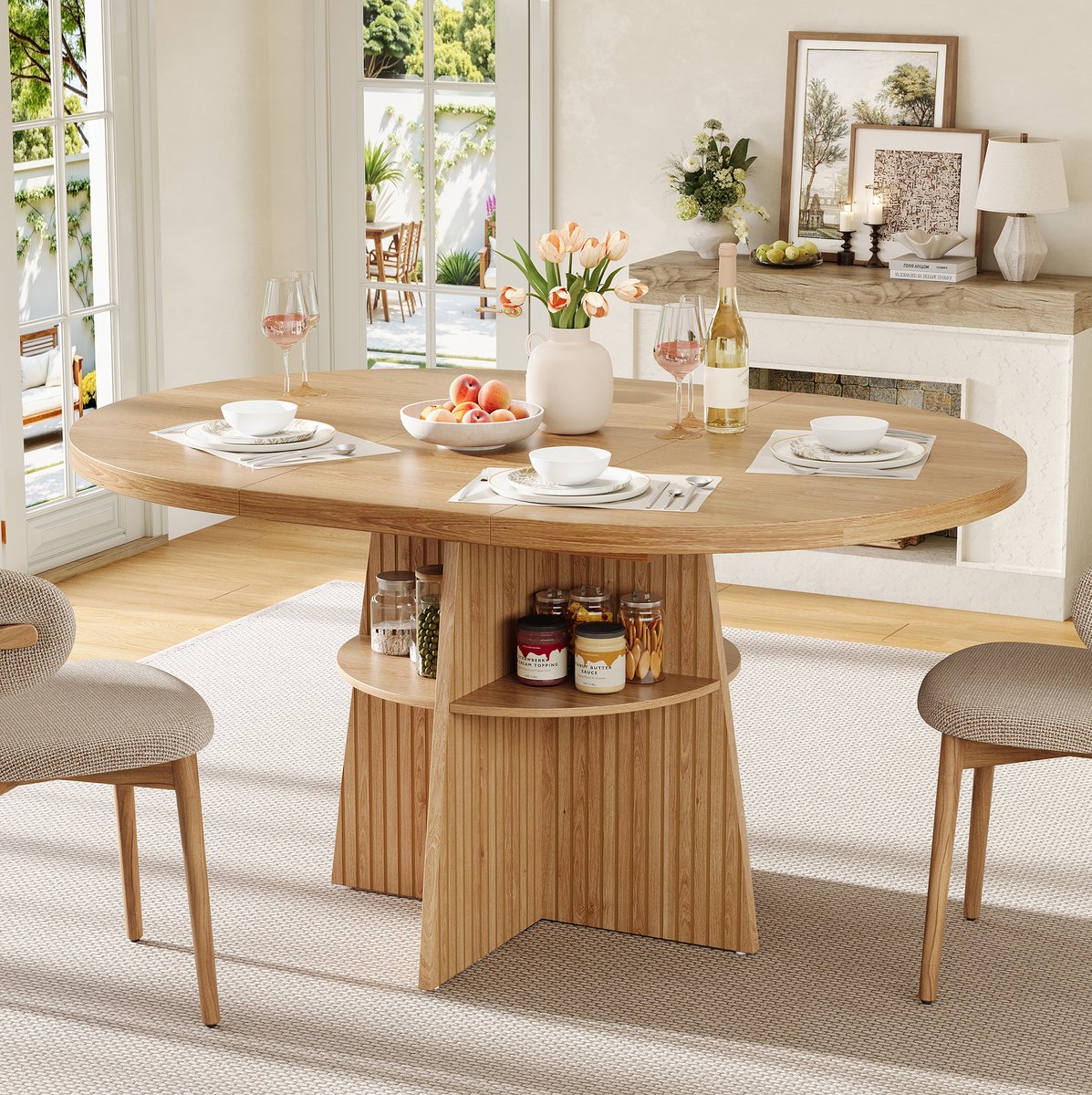 MODENUIT Eettafel - Uitschuifbaar Met Opbergplank - Voor Eetkamer - MDF Naturel - 110-150x110x77,5 Cm