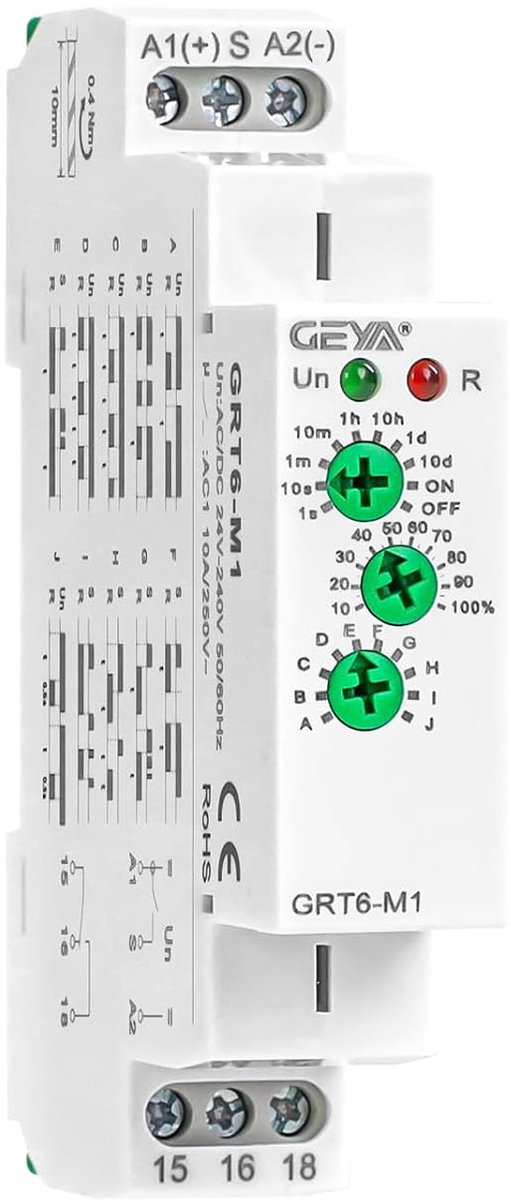 GEYA 10A Multifunction Time Relay 10 Functions Time Delay Relay 1SPDT DIN Rail 0.1s-10 Days (GRT6-M1, AC/DC24V-240V)