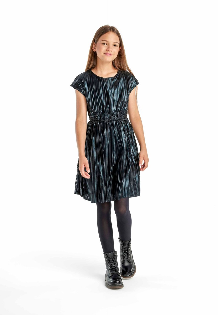Minoti feestjurk meisjes metallic geplisseerd zwart - knielengte