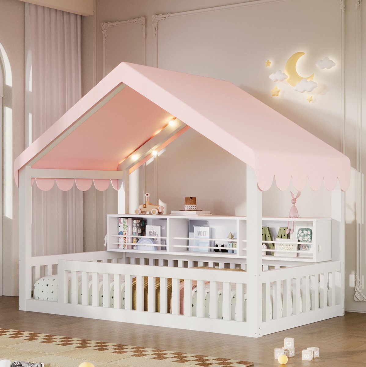 DESMIU Kajuitbed 90x200cm – Huisbed Met Ledverlichting En Boekenrek – Veiligheidsrek En Hemel – Kinderkamer – Hout – Wit – Zonder Matras