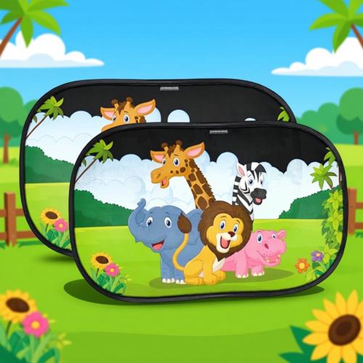 Auto zonnescherm met Optidark bescherming – 2 stuks, met zuignappen, Safari Dierenprint, UV-bescherming voor baby en huisdieren
