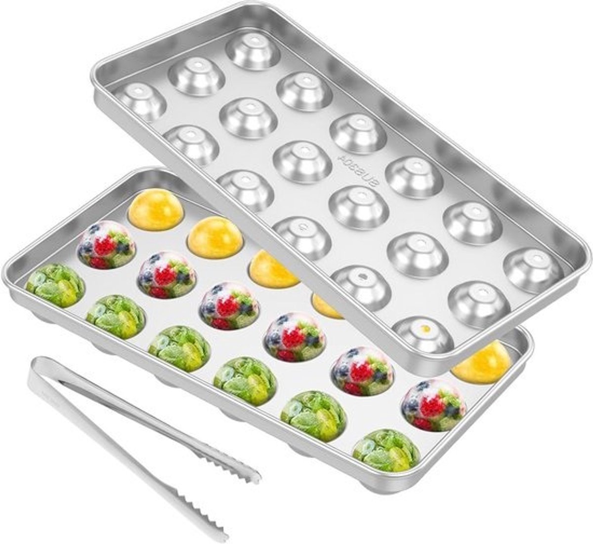 Ronde IJsblokjesvorm - IJsvorm Metaal - Dranken Koelen - Met Deksel en Tang - 18 Stuks - Zilver