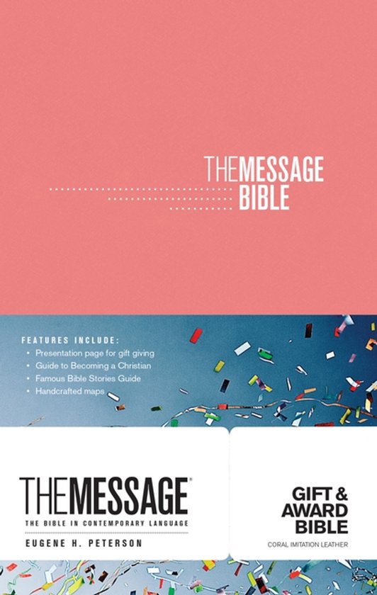 The Message Gift & Award Bible, koraal imitatieleer. Kenmerken: Presentatiepagina voor cadeaugeven, Gids om een christen te worden, Gids met beroemde Bijbelverhalen, Handgemaakte kaarten.