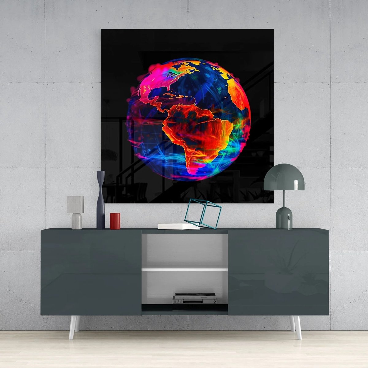 Vierkant Glasschilderij - Kleurrijke Wereldbol - Gehard Glas - Wanddecoratie - 80 x 80 cm