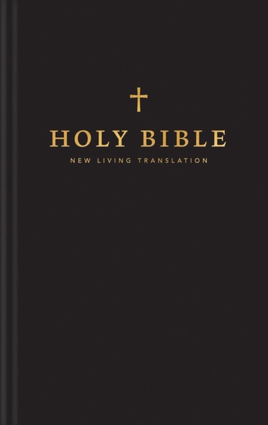 Zwarte hardcover Bijbel met gouden kruis en tekst 'HOLY BIBLE NEW LIVING TRANSLATION'.