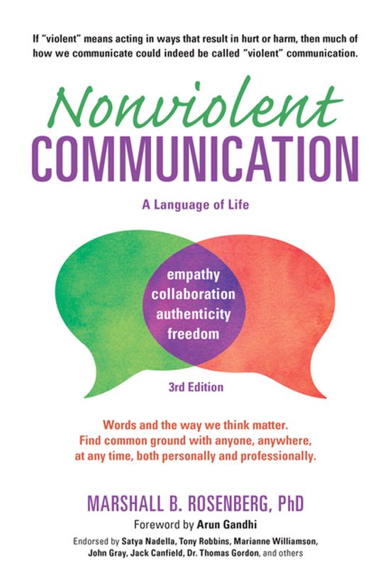 Couverture du livre 'Nonviolent Communication: A Language of Life', 3e édition. Texte violet et vert sur le titre, avec deux bulles de dialogue superposées contenant des mots tels que 'empathie' et 'liberté'.