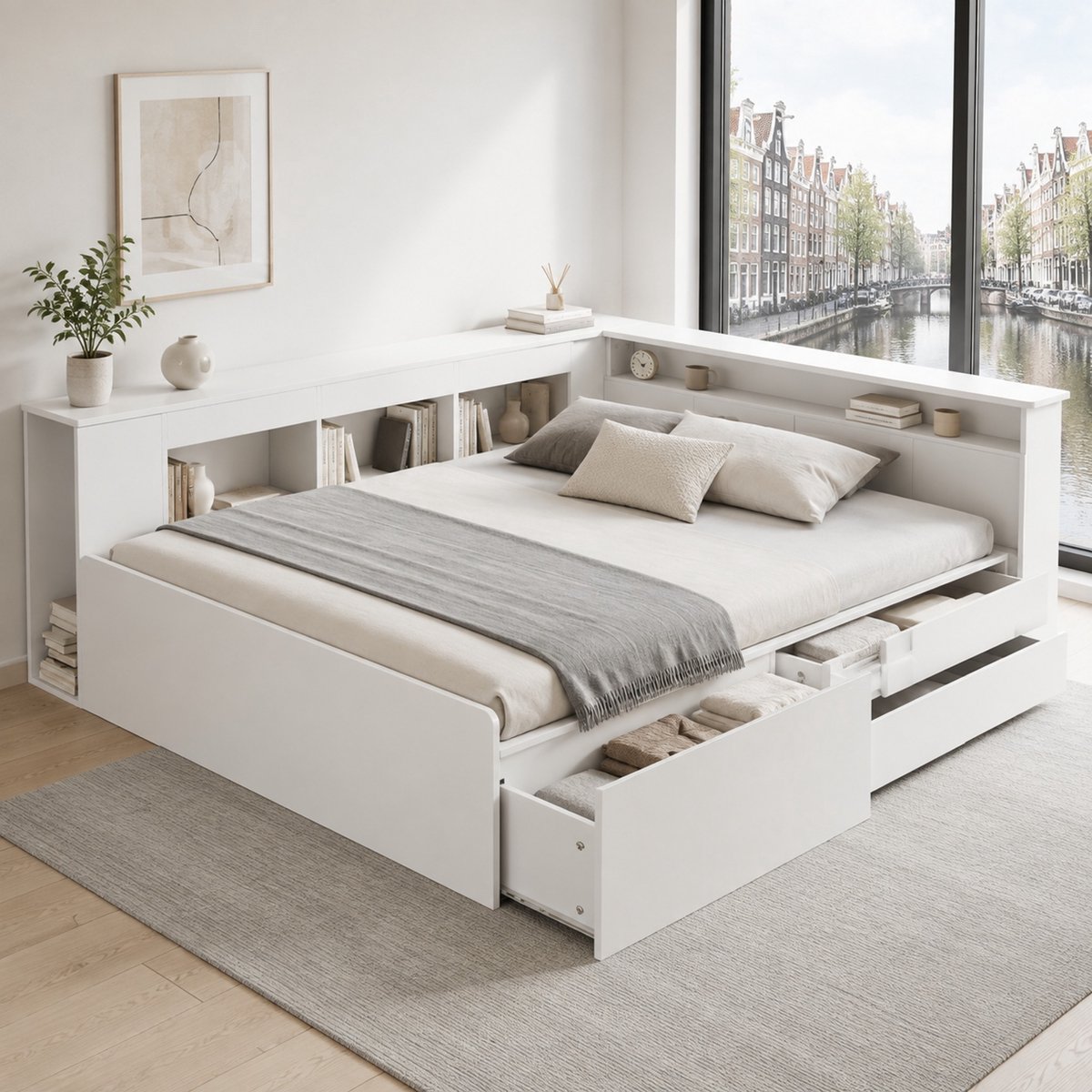 WUVRIE Kinderbed 90x200 cm met 4 laden, boekenrek en opbergruimte, wit