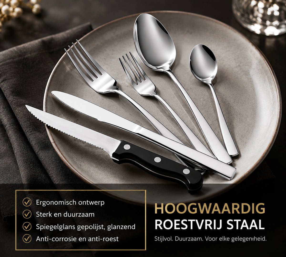 Sello! bestekset – elegant – tijdloos – 36-delig – lepel – vork – mes – theelepel – gebaksvorkje – vaatwasserbestendig