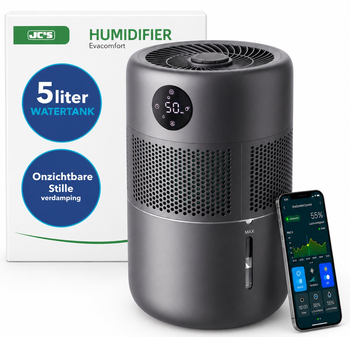 JC's® Luchtbevochtiger - luchtbevochtiger en luchtreiniger in 1 - Aromatherapie - 5 Liter - Wifi - UVC lamp - Top Filling - Humidifier - Woonkamer, Slaapkamer, Kantoor, Babykamer - Hygrometer