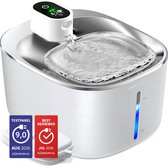 Witte CatElite drinkfontein van roestvrij staal met verlichte waterniveau indicator en sensor. "TESTPANEL 9.0" en "BEST REVIEWED JUL 2026" badges.