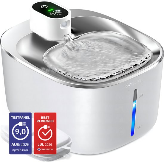 Witte CatElite drinkfontein van roestvrij staal met verlichte waterniveau indicator en sensor. "TESTPANEL 9.0" en "BEST REVIEWED JUL 2026" badges.