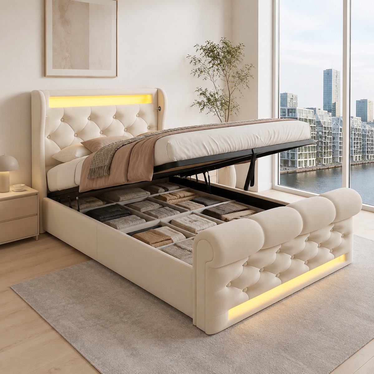 WUVRIE Gestoffeerd bed 90x200 cm met LED, opbergruimte en USB/Type-C, beige fluweel