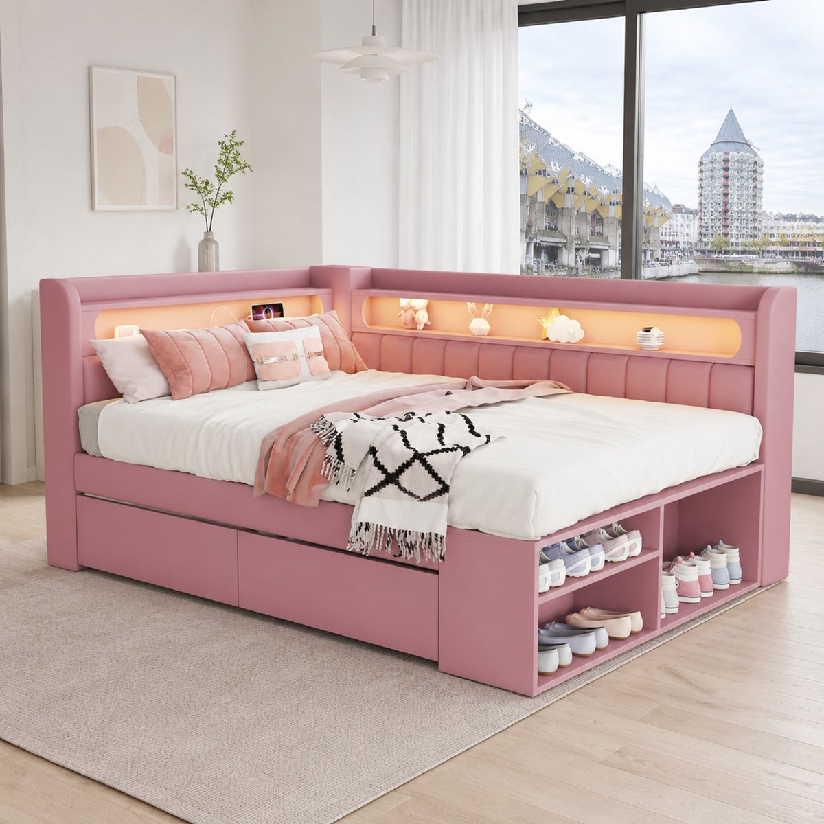 WUVRIE Slaapbank 90x200 cm met LED-verlichting, USB-poort, opbergruimte en 2 lades, roze
