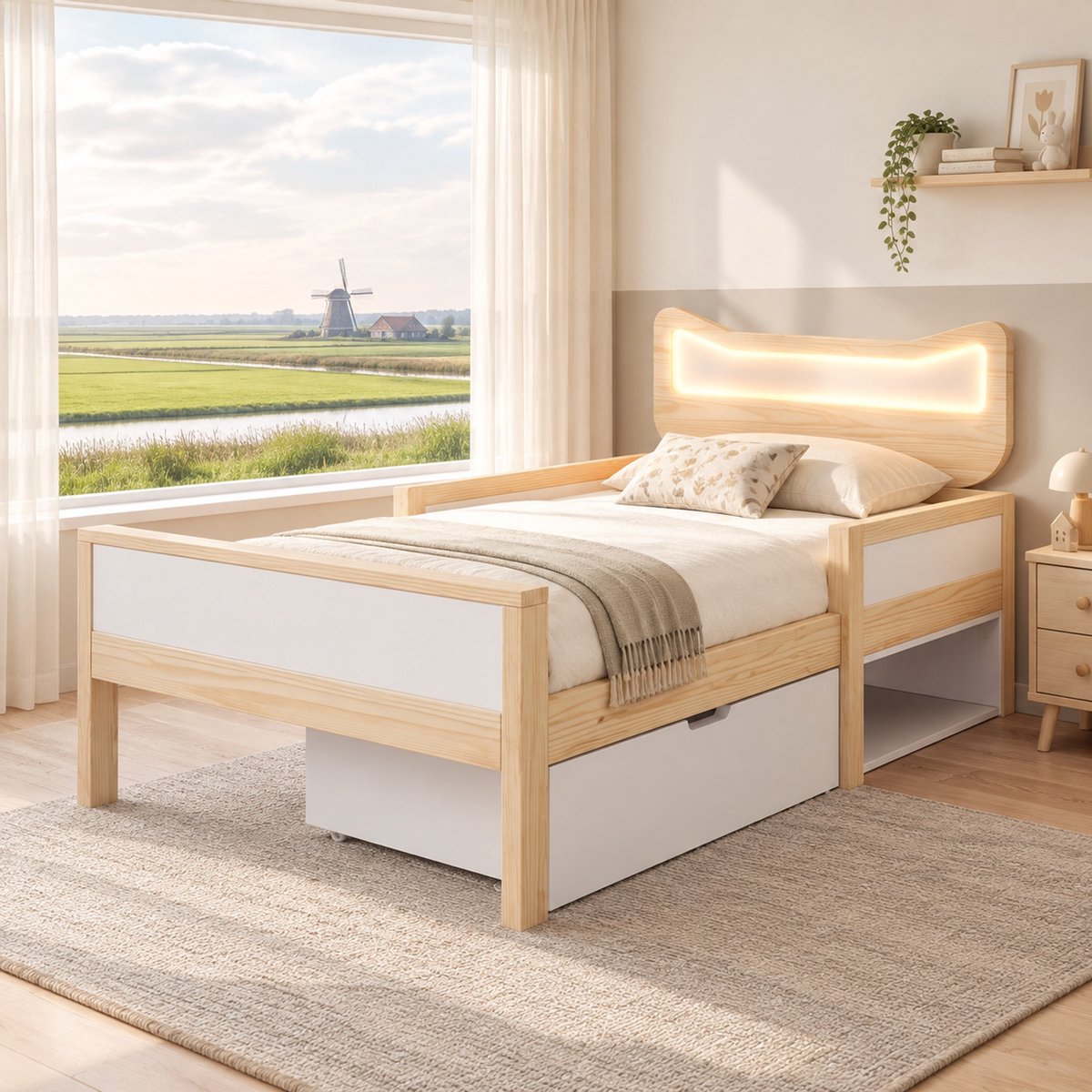 WUVRIE Kinderbed 90x190 cm met kattenhoofd, RGB-led, lattenbodem, lade en opbergruimte, wit/eiken