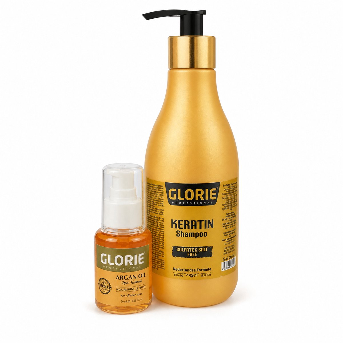 Glorie Keratin Shampoo 400 ml + Argan Oil 50 ml – Haarverzorging Set – Sulfaat- & Zoutvrije Shampoo – Voedende Haarolie
