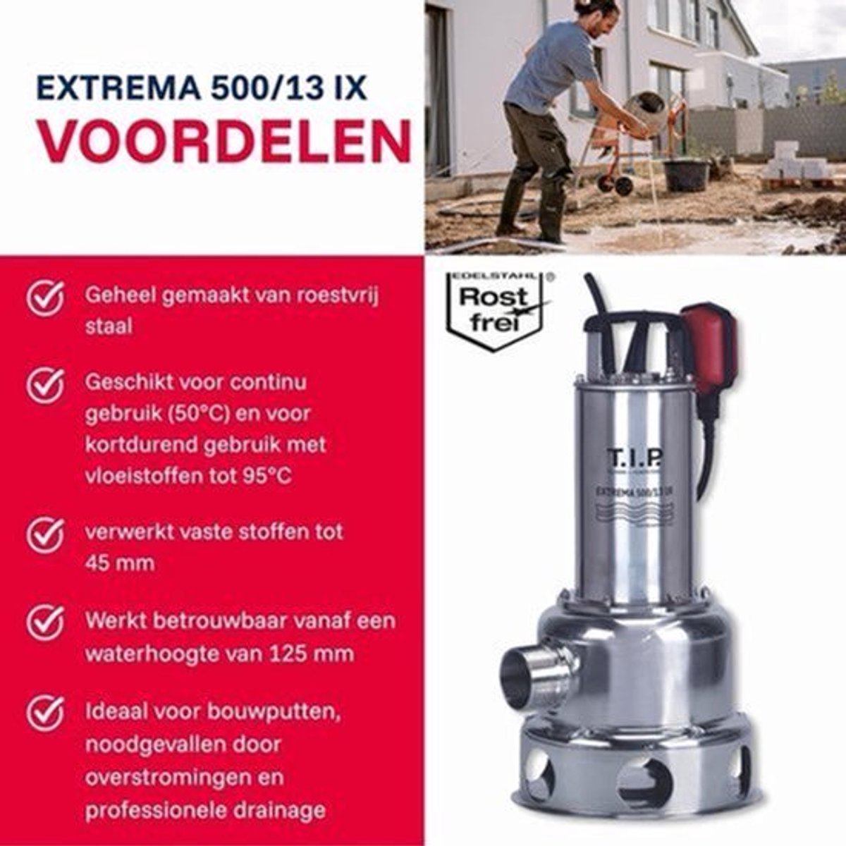 Vuilwaterpomp – Bouwpomp – Dompelpomp – Waterpomp – Afwateringspomp – Hoog Debiet 30.000 L/u – Roestvrij Staal Loopwiel