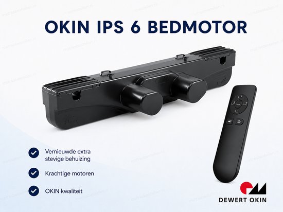 Zwarte OKIN IPS 6 bedmotor met stevige behuizing en drie draadloze bediening
