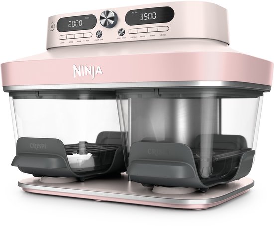 Roze Ninja DualZone airfryer met glazen schalen, zijaanzicht op een witte achtergrond.