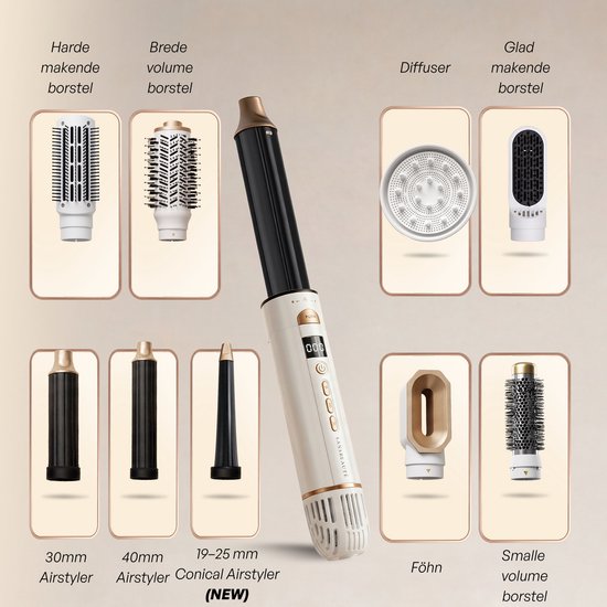 Sansbeauté Airstyler met diverse opzetstukken: föhn, diffuser, 30mm, 40mm, conische krultang, gladmakende en volume borstels.