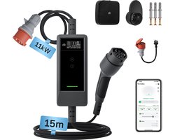 dé Mobiele Thuislader 11kW 3Fase met App - 15m TPU Kabel Laadkabel Type 2 - CEE naar Type 2 Stekker - IP66 - Traploze Laadstroom via App (6A - 16A) - LCD Digitaal Display - Laadtijd Inplannen