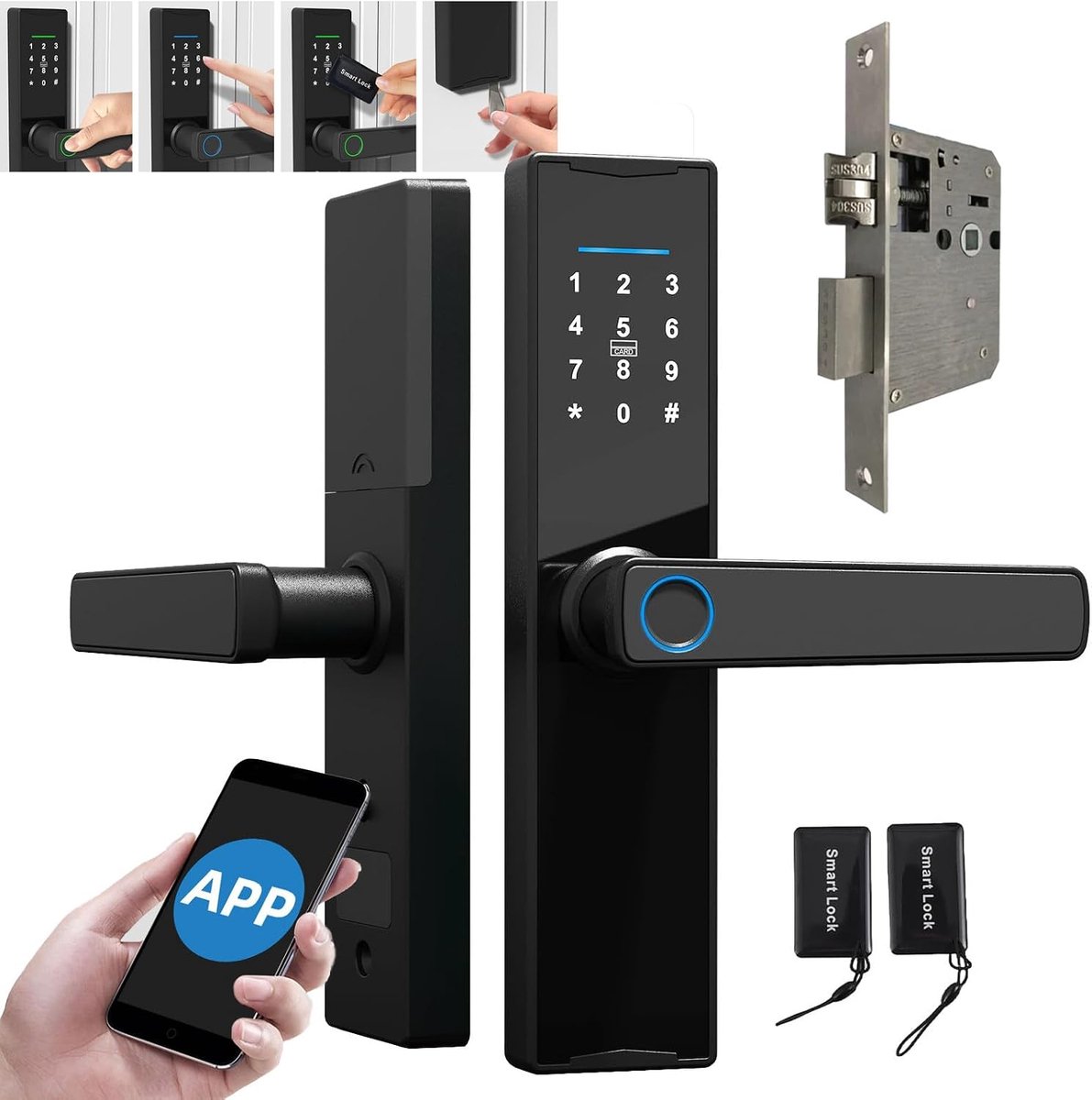 Het Tuya Smart WiFi-slot is voorzien van een toetsenbord en handgreep, vingerafdrukherkenning en elektronische vergrendeling. Het kan worden ontgrendeld via een app, vingerafdruk, pasje, sleutel of wachtwoord.