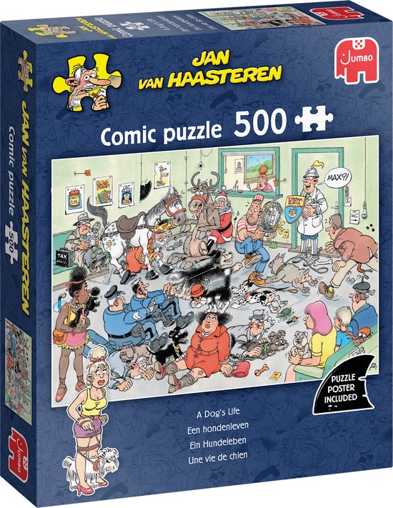 Doos van de Jan van Haasteren 'Een hondenleven' 500-stukjes puzzel. De doos toont een drukke dierenartspraktijk.