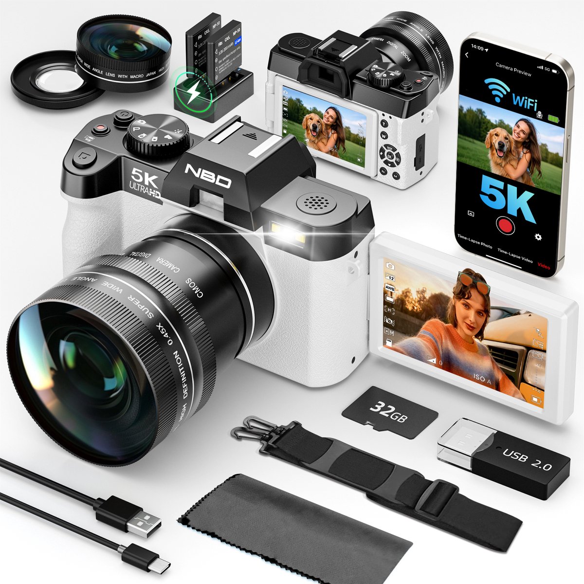 NBD S100 Digitale Camera - 5K - 64MP - Wit - Optische Zoeker - 2 Accu's - 180° Flip Scherm