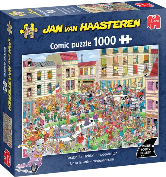 Een Jan van Haasteren 'Passion for Fashion' comic puzzle van 1000 stukjes in een blauwe doos. De voorkant toont een drukke Parijse straat.