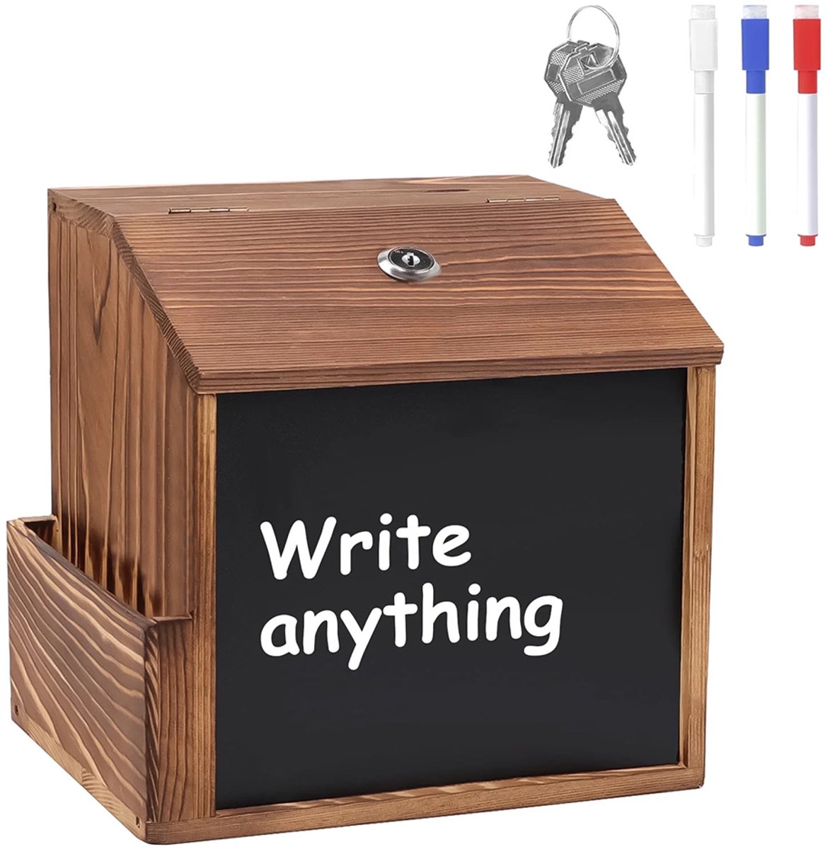 Houten suggestiebox - wandgemonteerde brievenbus - suggestiebox - donatiebox - afsluitbaar - met krijtbord - met 2 sleutels - retrostijl - hout - zwart