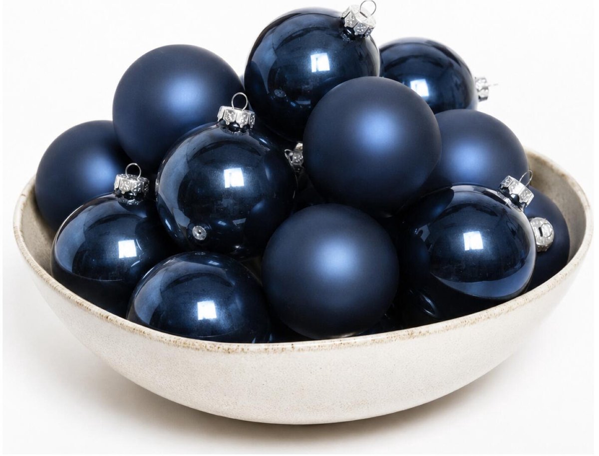 Decoris Kerstballen - 24x st - donkerblauw - D8 cm - glas - glans en mat - Kerstboomversiering