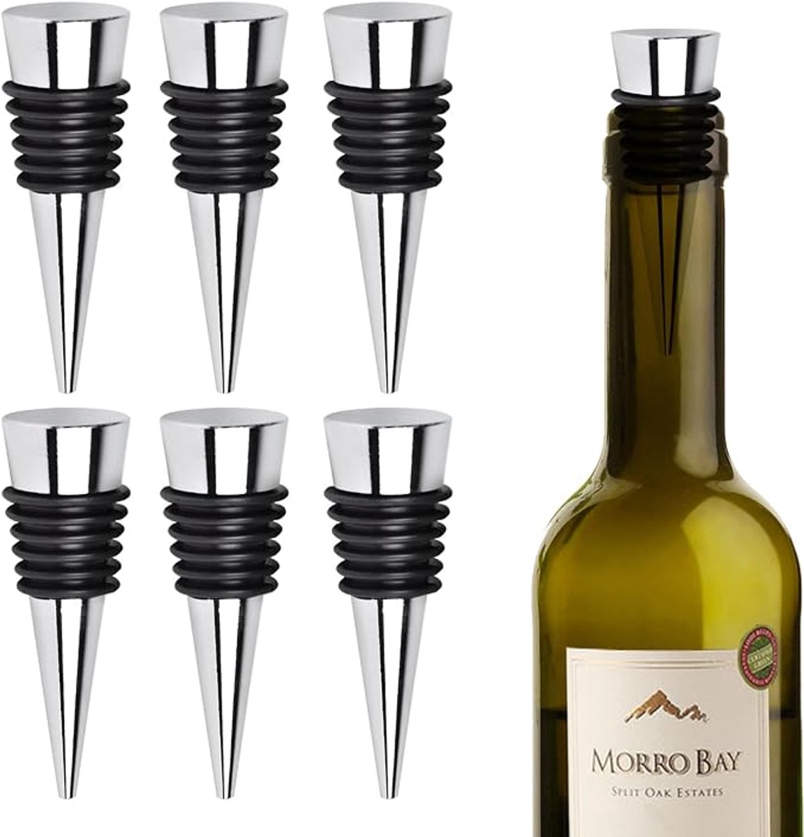 Roestvrijstalen Champagne Kurk - Wijnafsluiter - Flessenstop - Wijnaccessoires - Vacuüm Wijnafsluiter - Herbruikbare - antislip - geschikt voor Wijnverzameling, Rode Wijn, Prosecco, Champagne, Bier Saver Sealer - 6 stuks - Zilver